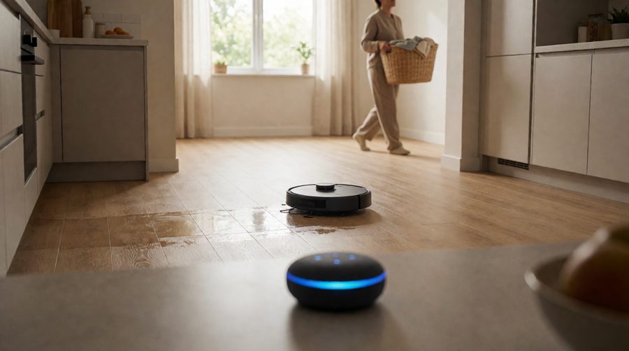 Alexa mopping robots - voice controlled robot mop cleaning a kitchen floor while an Echo speaker glows on the worktop