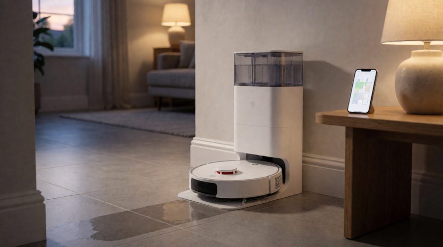 White robot mop returning to its base station with the floor map open on a phone
