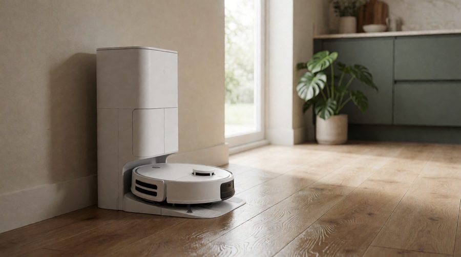 All-in-one robot mops with charging stations: a white robot mop in its dock on a wooden floor