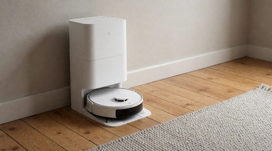 Auto empty robot vacuums docked in a self-emptying base station on a wooden floor