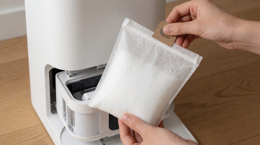 Lifting a sealed dust bag out of a robot vacuum self-emptying base