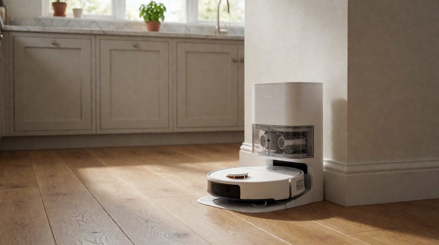 Bagless robot vacuum mops docked at a base station with a clear dust canister on an oak floor