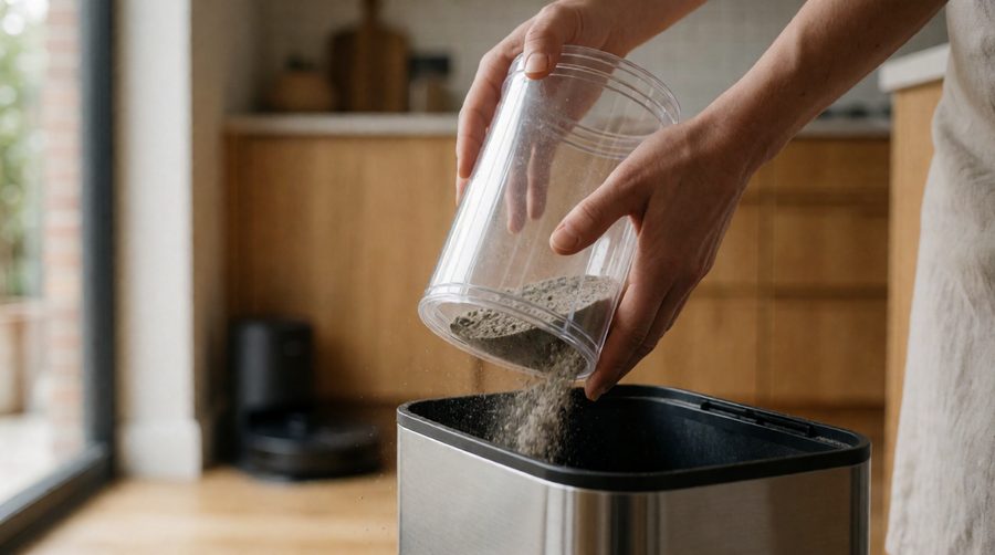 Emptying a clear bagless canister from a robot vacuum station into a kitchen bin