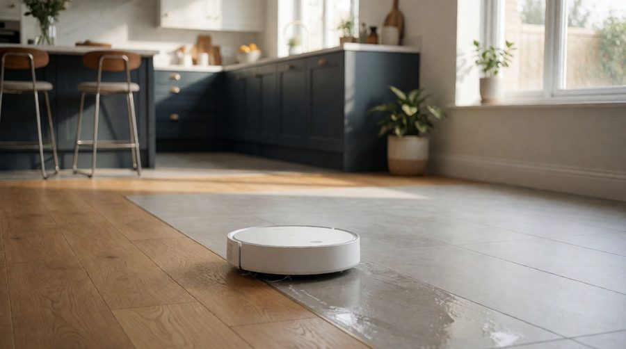 Best robot mops for large areas cleaning an open-plan kitchen with wood and tile floors