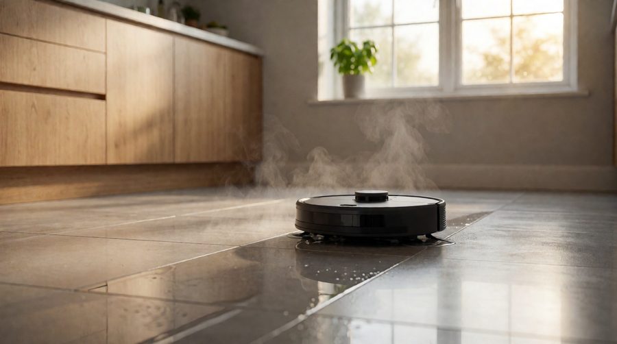 Best robot steam mops cleaning a tiled kitchen floor with warm vapour