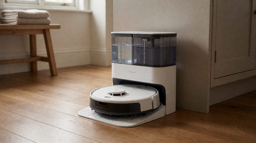 Robot mop in a self-cleaning base station with clean and dirty water tanks on a sealed oak floor