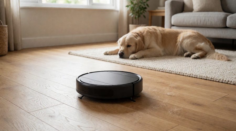 Best robot vacuum and mop for pet hair cleaning a wooden floor next to a sleeping golden retriever
