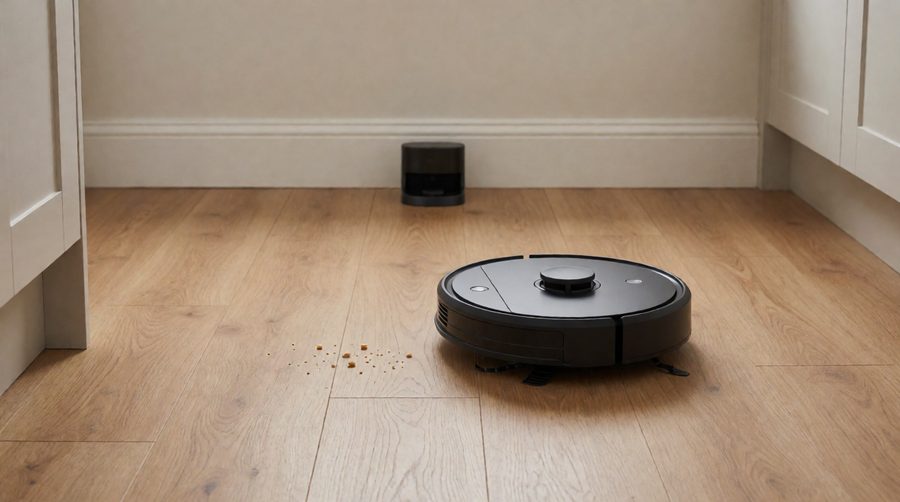 Budget robot vacuum and mop cleaning crumbs off a laminate kitchen floor with its charging base behind