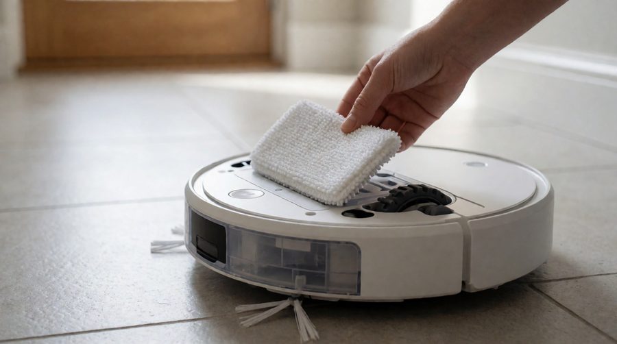Fitting a washable mop pad to a budget robot vacuum and mop on a tiled floor