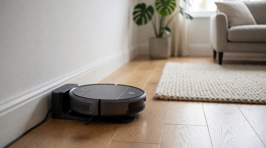 Cordless robot vacuum cleaners: a robot vacuum on its charging dock in a living room