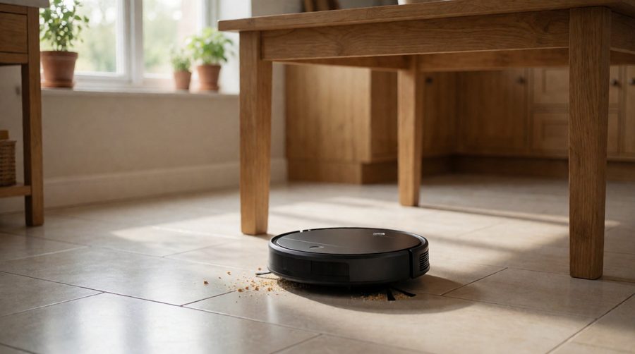 Rechargeable robot vacuum cleaning crumbs under a kitchen table with no cable