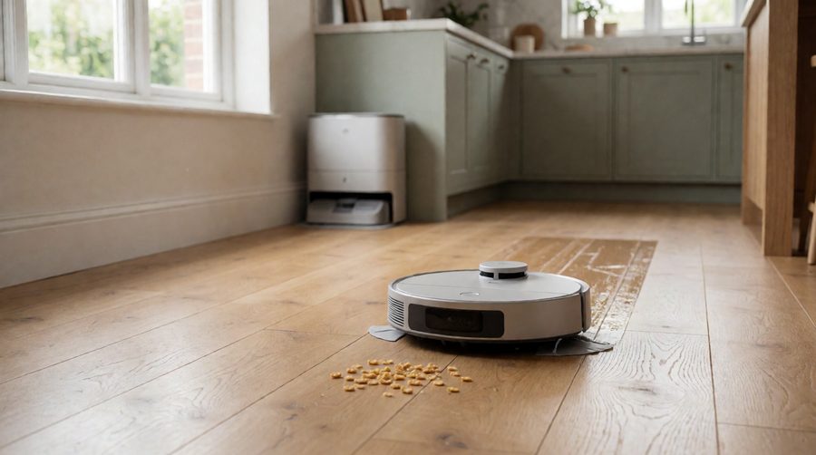 High suction robot vacuum mop cleaning crumbs off an oak kitchen floor with its wash dock behind