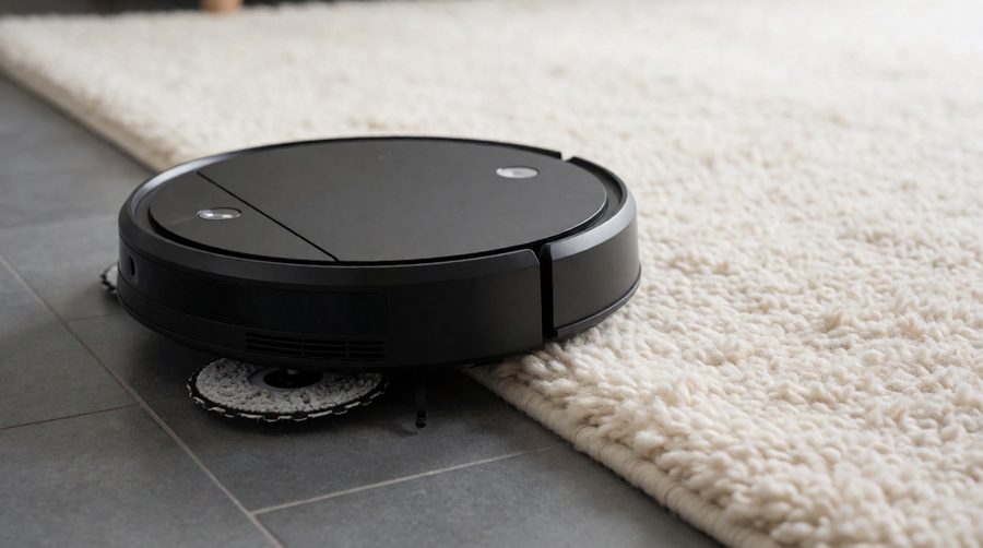 One of our high suction robot vacuum mops reaching the edge of a wool rug on a tiled hallway floor