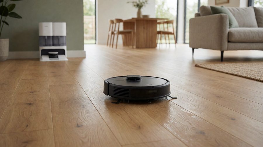 One of our long battery life robot vacuum mops cleaning an open-plan oak floor