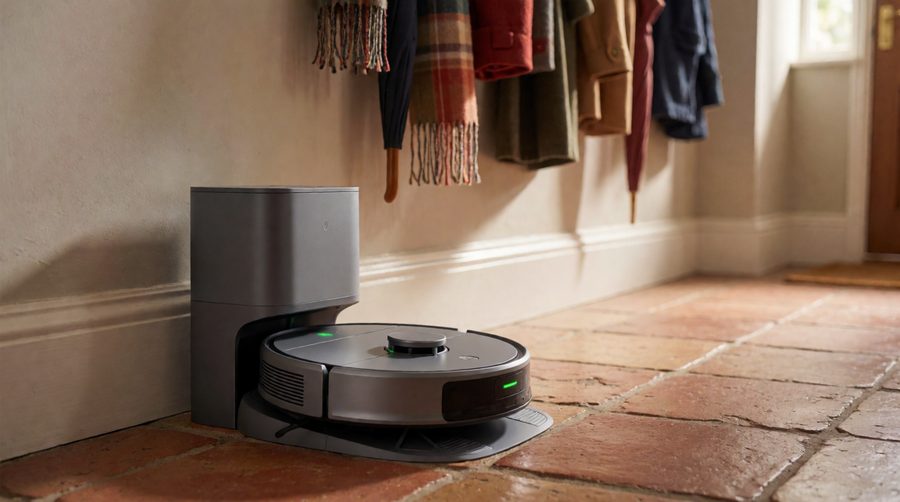 Robot vacuum mop charging on its self-emptying station in a tiled UK hallway