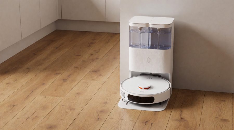 One of our low maintenance robot mops docked in its all-in-one base station with clean and dirty water tanks on an oak floor