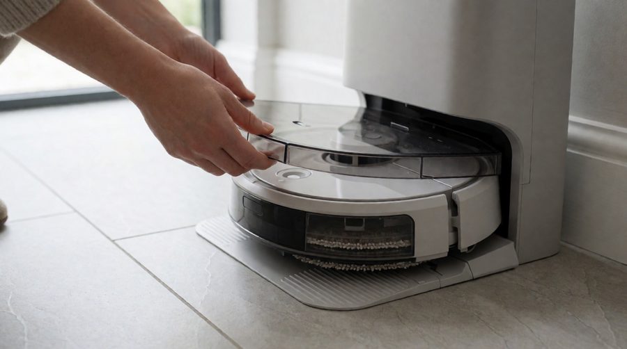 Lifting the clear lid of a robot mop resting in its self-emptying base station on a tiled hallway floor