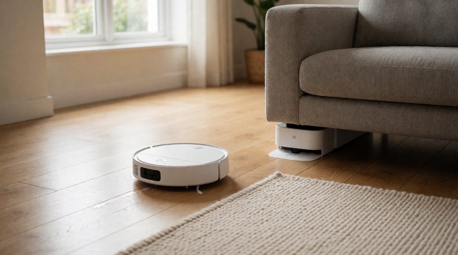 Mid-range robot vacuum and mop cleaning an oak floor beside a rug