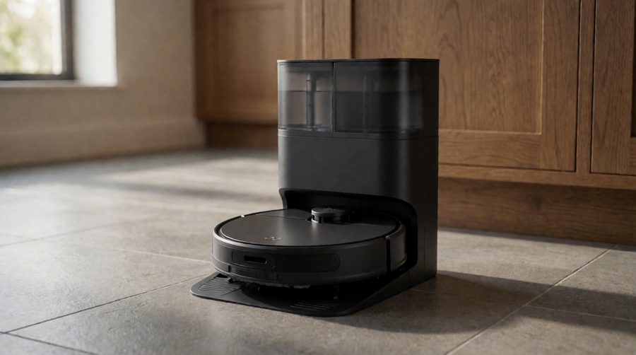 Robot vacuum and mop docked in its all-in-one base station on a tiled kitchen floor