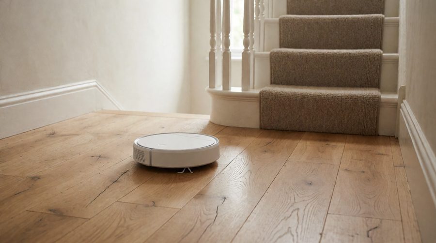 One of our multi-floor robot vacuums cleaning a landing next to the stairs