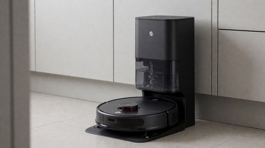 Premium robot vacuum and mop returning to its all-in-one dock in a kitchen