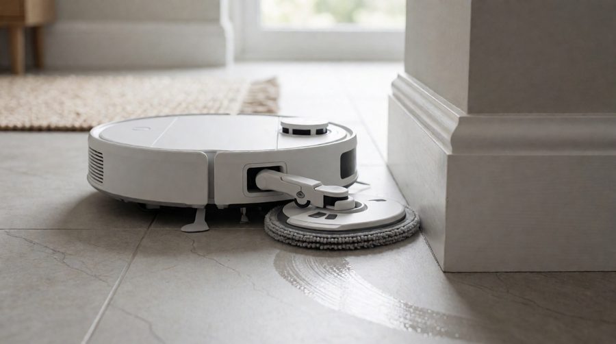 Robot vacuum cleaner extending its mop pad into a corner on a tiled floor