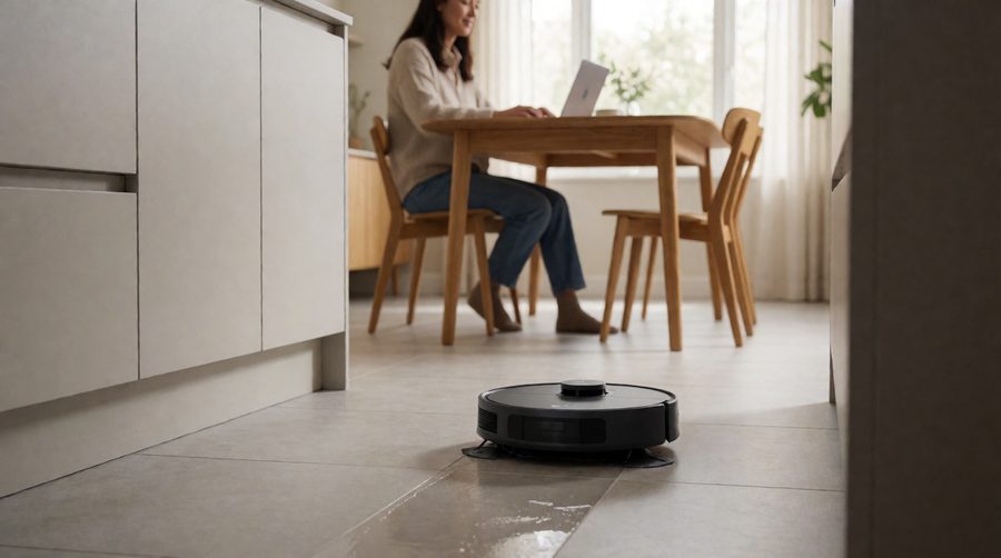 Robot vacuum mopping a tiled kitchen floor while a woman works on a laptop at the table