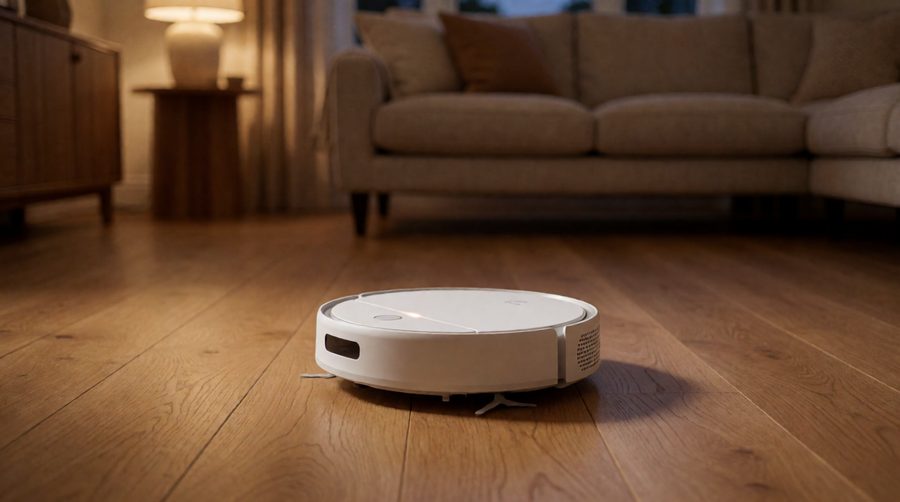 Quiet robot vacuum and mop cleaning a wood floor in a lamp-lit living room in the evening