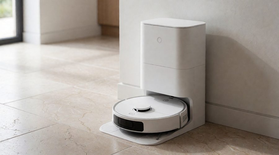 Robot mop base station in the hallway of a large home with stone tiles