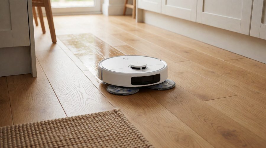 Robot mops for hard floors - twin spinning pads cleaning an oak kitchen floor