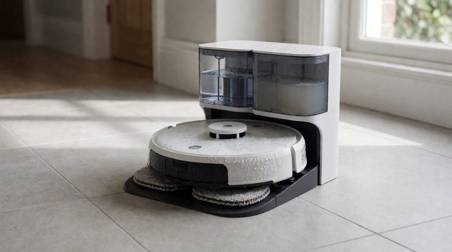 Robot mop washing its pads in a self-cleaning dock on a porcelain tile floor