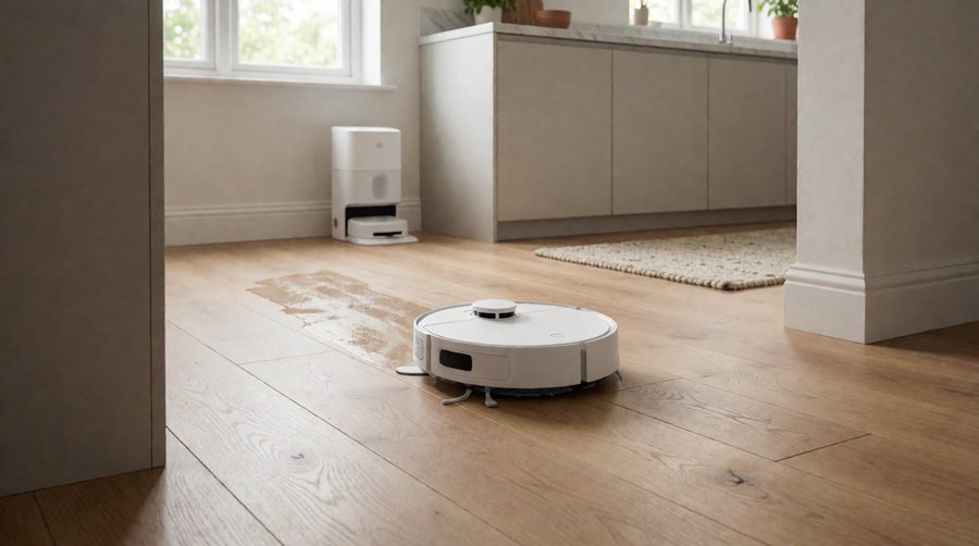 Robot vacuum and mop cleaning a wooden kitchen floor with its docking station behind