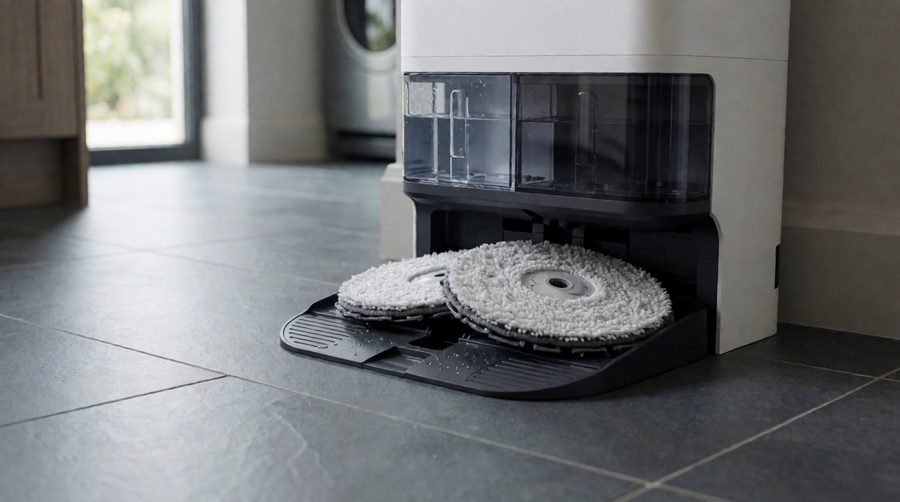 All-in-one robot vacuum and mop station washing two rotating mop pads