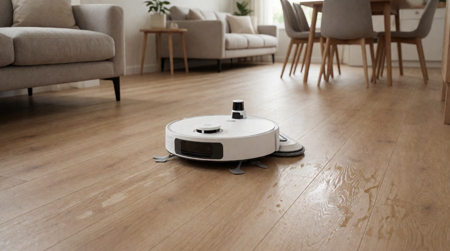White robot vacuum and mop with mapping LiDAR turret cleaning an oak-effect laminate floor in an open-plan living room