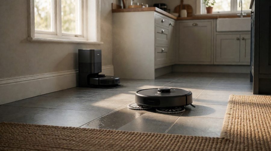 Black robot vacuum cleaner with mop and mapping cleaning a tiled kitchen floor beside a jute rug, its docking station by the wall