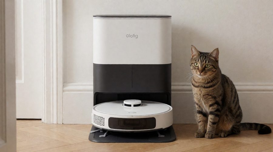 Robot vacuum and mop in its self-emptying dock with a tabby cat sitting next to it