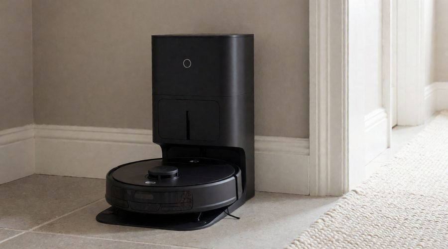 Robot vacuum and mop parked on its self-washing dock in a hallway
