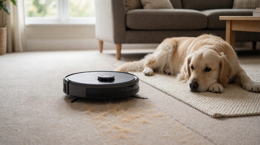 Robot vacuums for pet hair: a robot cleaning a carpet next to a golden retriever
