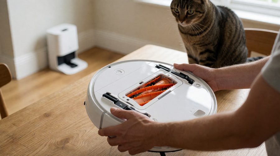 Checking a robot vacuum's anti-tangle roller brush for pet hair with a cat watching