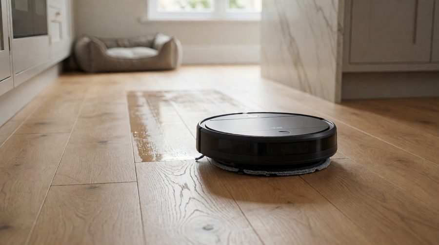 Roomba vacuum and mop robot cleaning a wooden kitchen floor