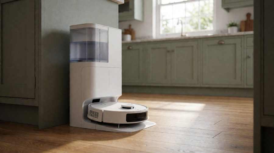 Self-cleaning robot vacuum and mop in its all-in-one dock on an oak kitchen floor