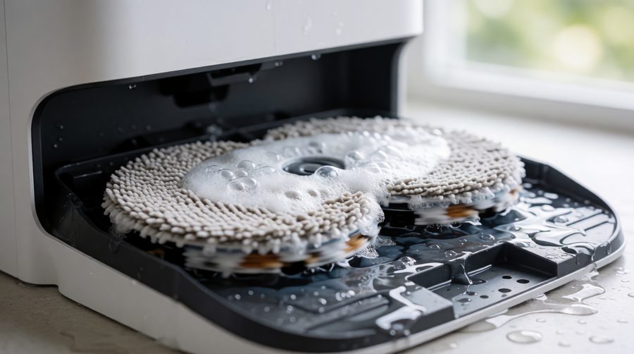 Mop pads being cleaned in the wash tray of a self-cleaning robot vacuum dock
