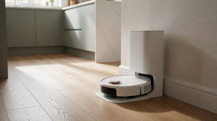 Self emptying robot mops: a white robot parked in its all-in-one dock on a laminate kitchen floor