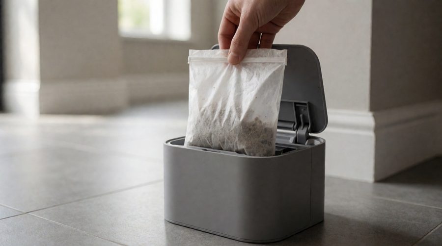 Lifting a full sealed bag out of a robot mop's self-emptying dock