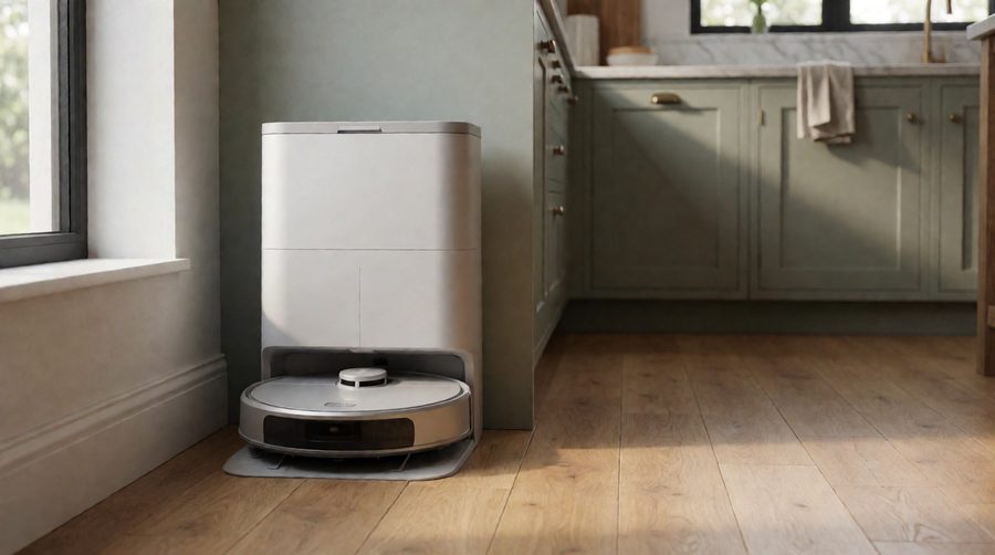 Self emptying robot vacuum and mop docked in its base station in a kitchen