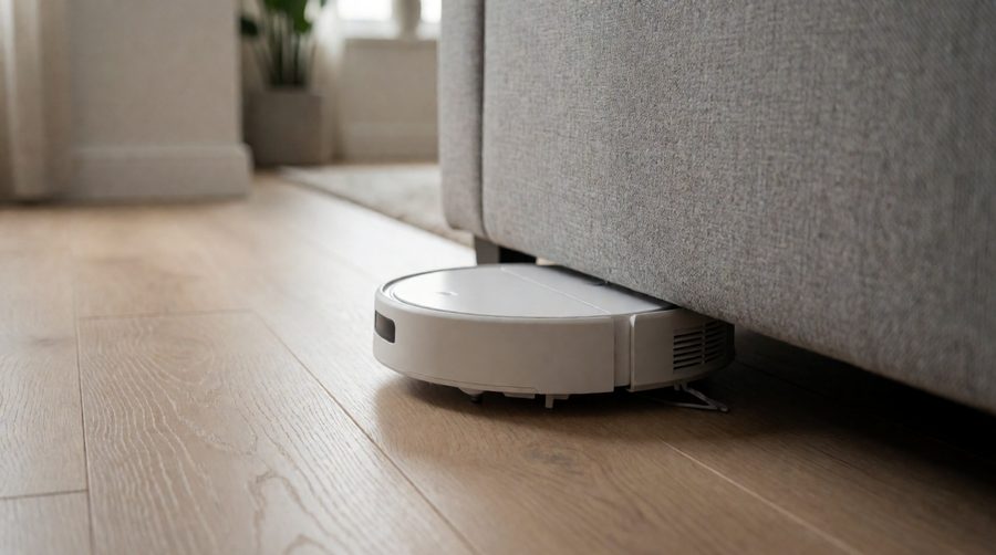 Small robot vacuum mops fit under a low sofa on a laminate floor