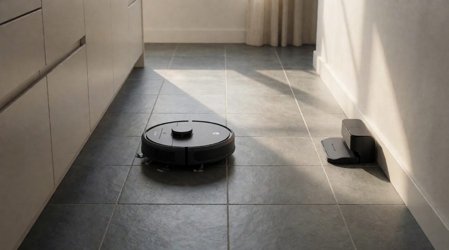 Compact robot vacuum mop and slim dock in a narrow kitchen