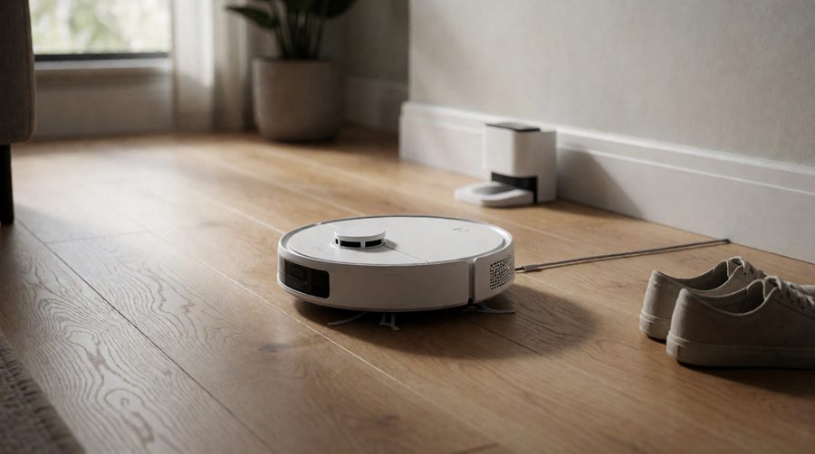 Smart robot vacuum cleaners steer round clutter - a white robot vacuum next to trainers on an oak floor