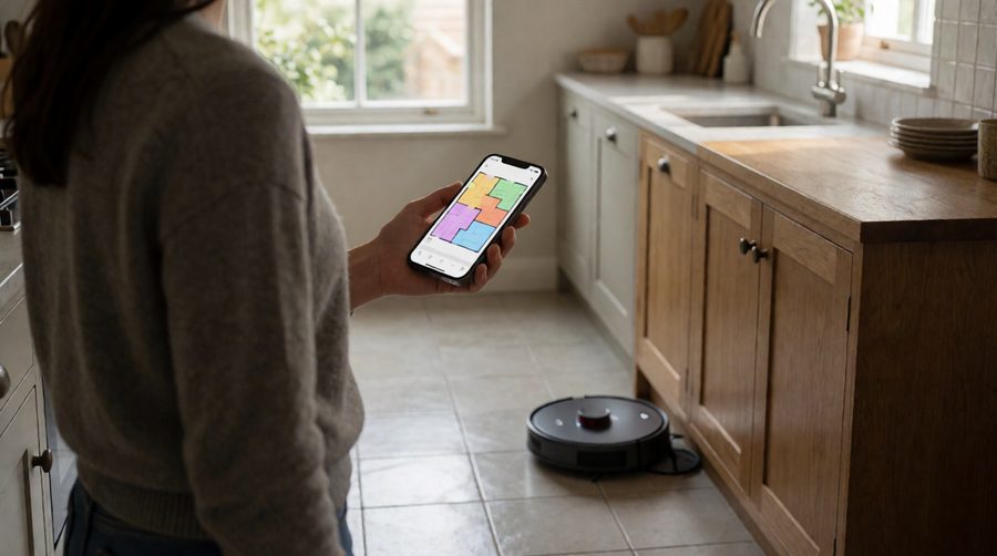 Room-by-room floor plan in a robot vacuum app while the robot vacuum and mop cleans a tiled kitchen