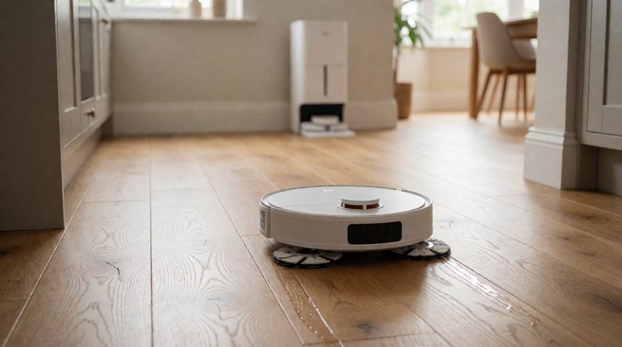Xiaomi robot vacuum mopping an oak floor with its self-emptying dock behind